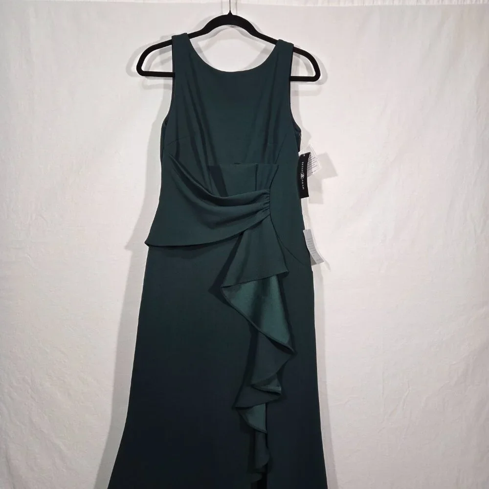 BETSY ADAM "Christine" PINE Scuba Crepe Ruffle Bow Slit Formal Gown Dress Size 8 - Picture 3 of 17